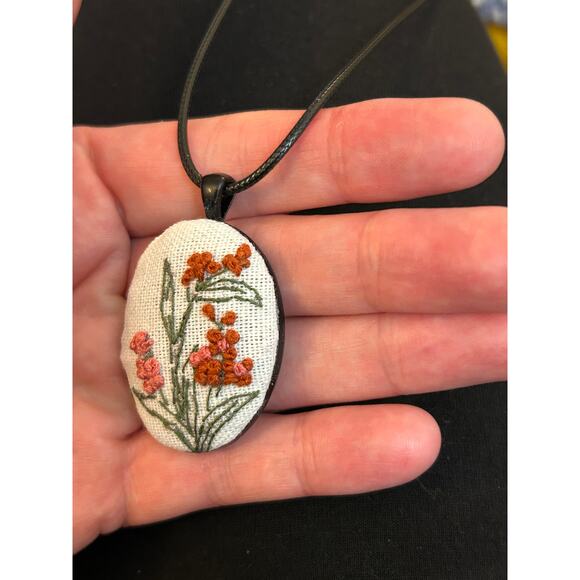 Delicate Maroon Embroidery Necklace Handmade Pendant Jewelry - Picture 5 of 5